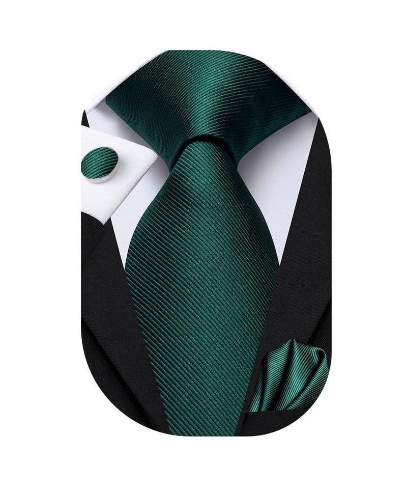 Dubulle Mens Forest Green Solid Floral Silk Tie for Men Striped Necktie and Pocket Square Cufflinks Set Wedding Business - Image 1